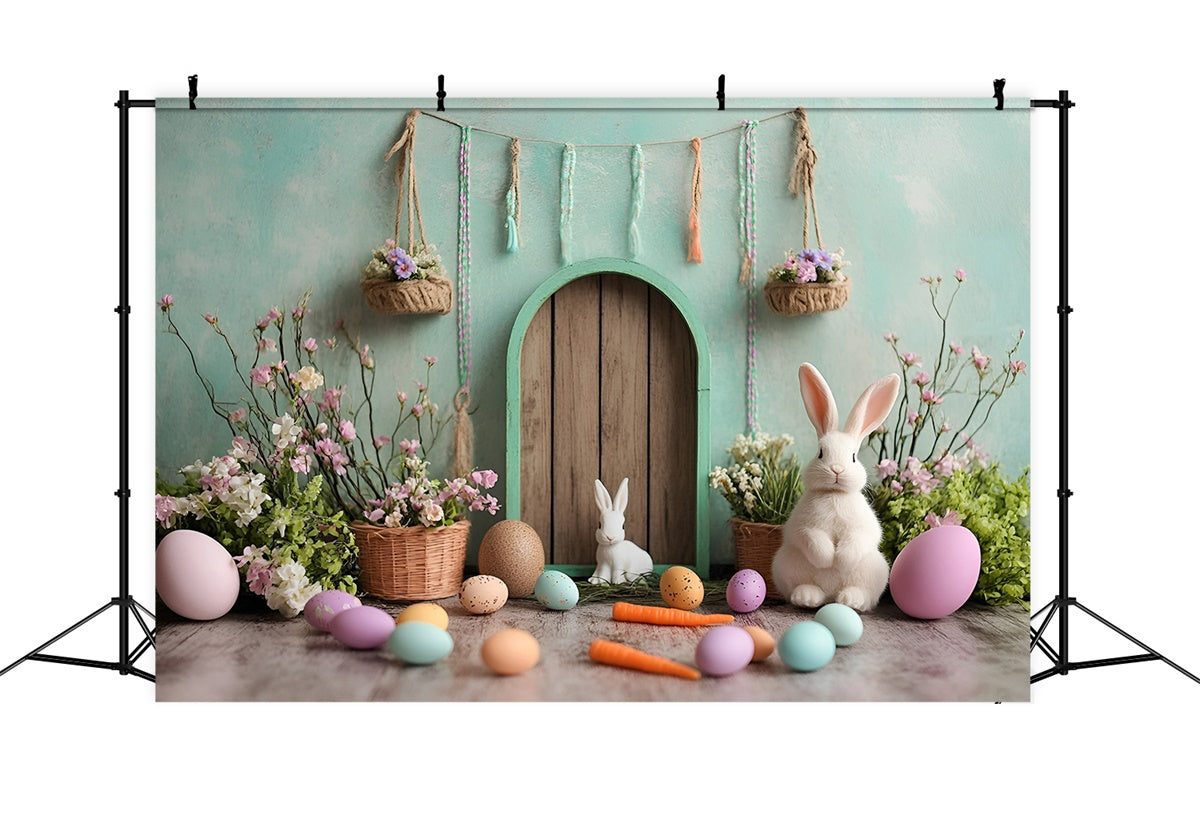 Toile de Fond Déco Pâques Porte Verte Enchantée Lapin CSH2-96
