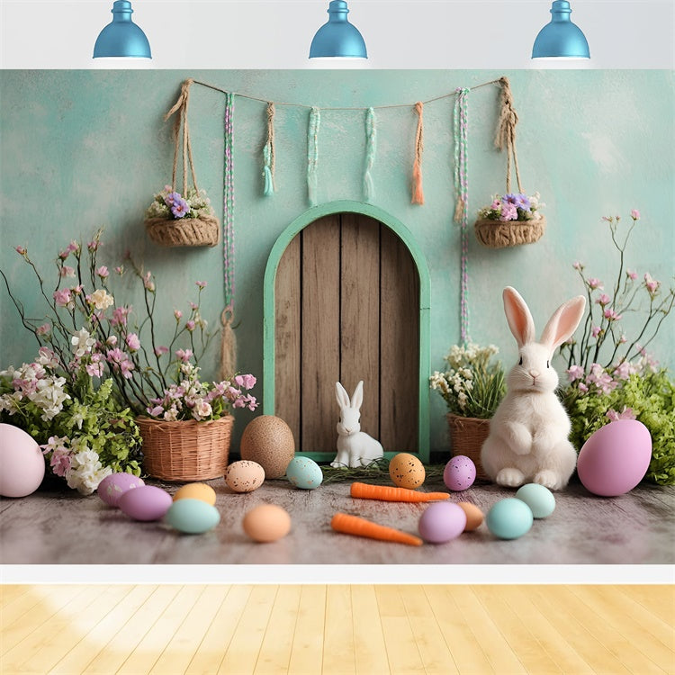 Toile de Fond Déco Pâques Porte Verte Enchantée Lapin CSH2-96