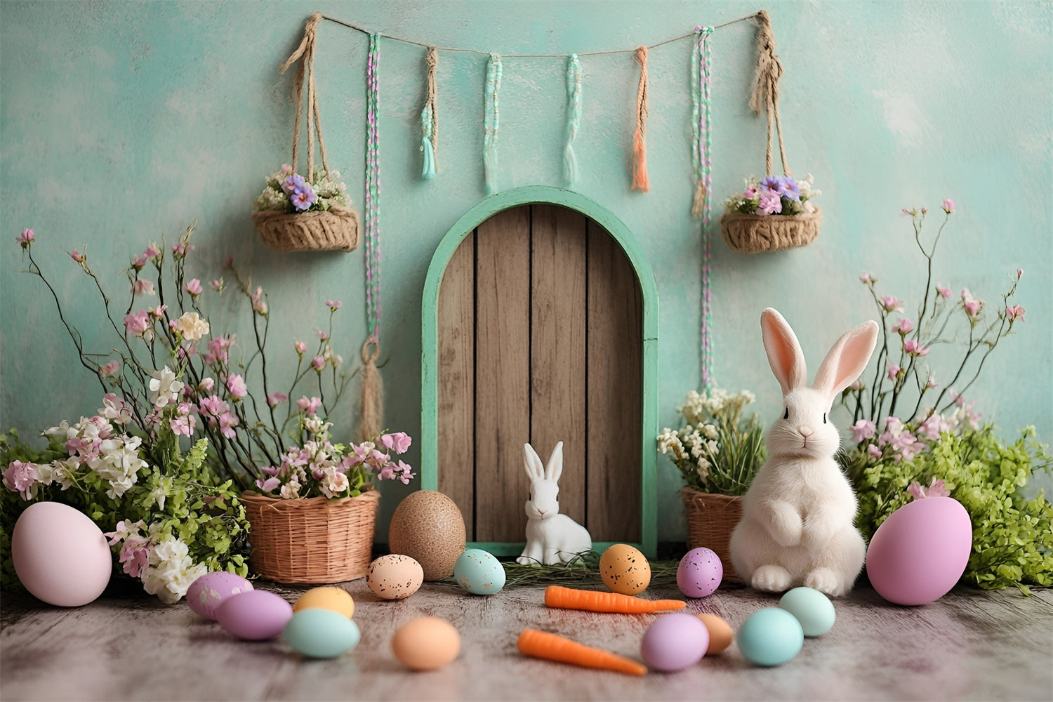 Toile de Fond Déco Pâques Porte Verte Enchantée Lapin CSH2-96