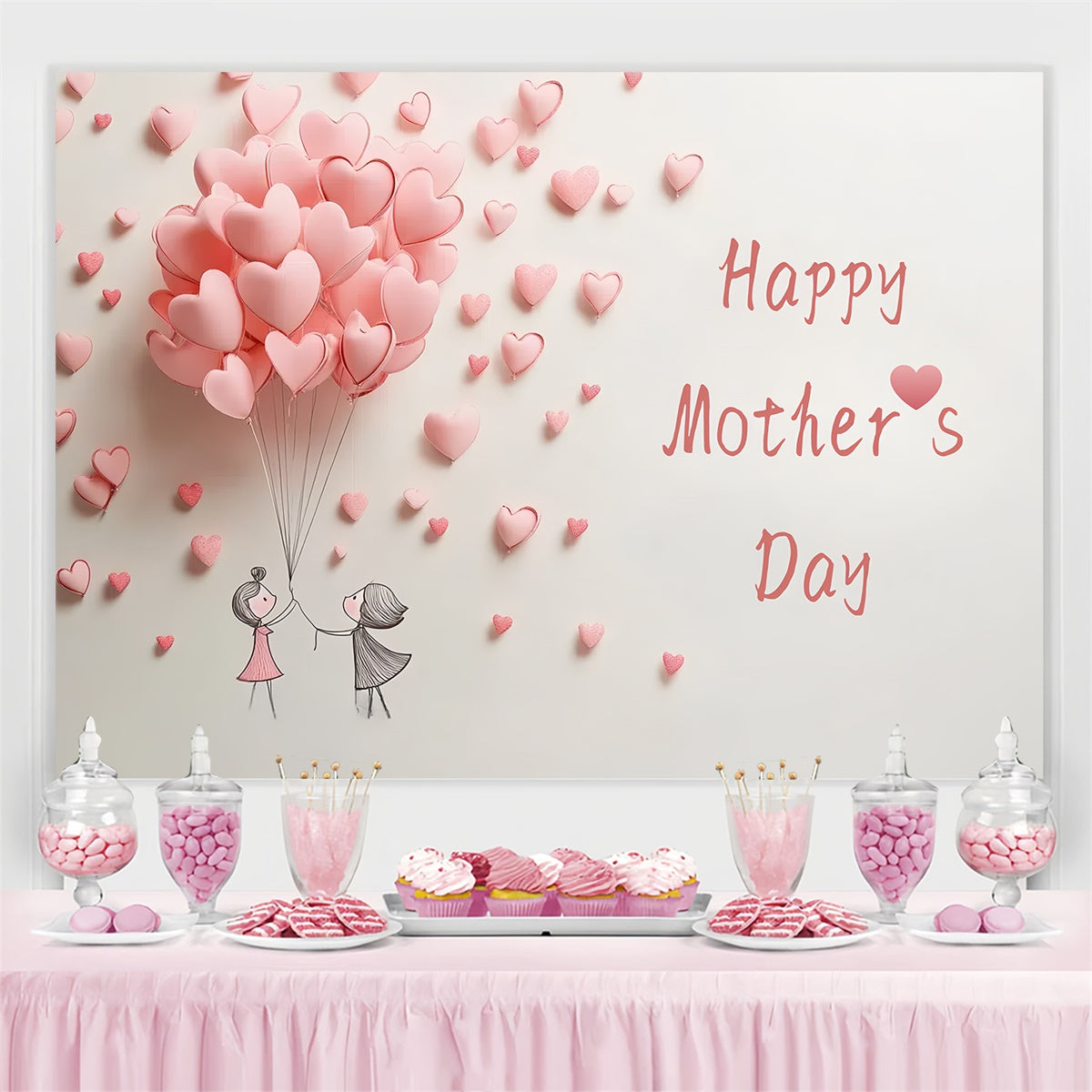 Toile de fond Fête des Mères Personnalisable Ballons Cœur Roses CSH3-100