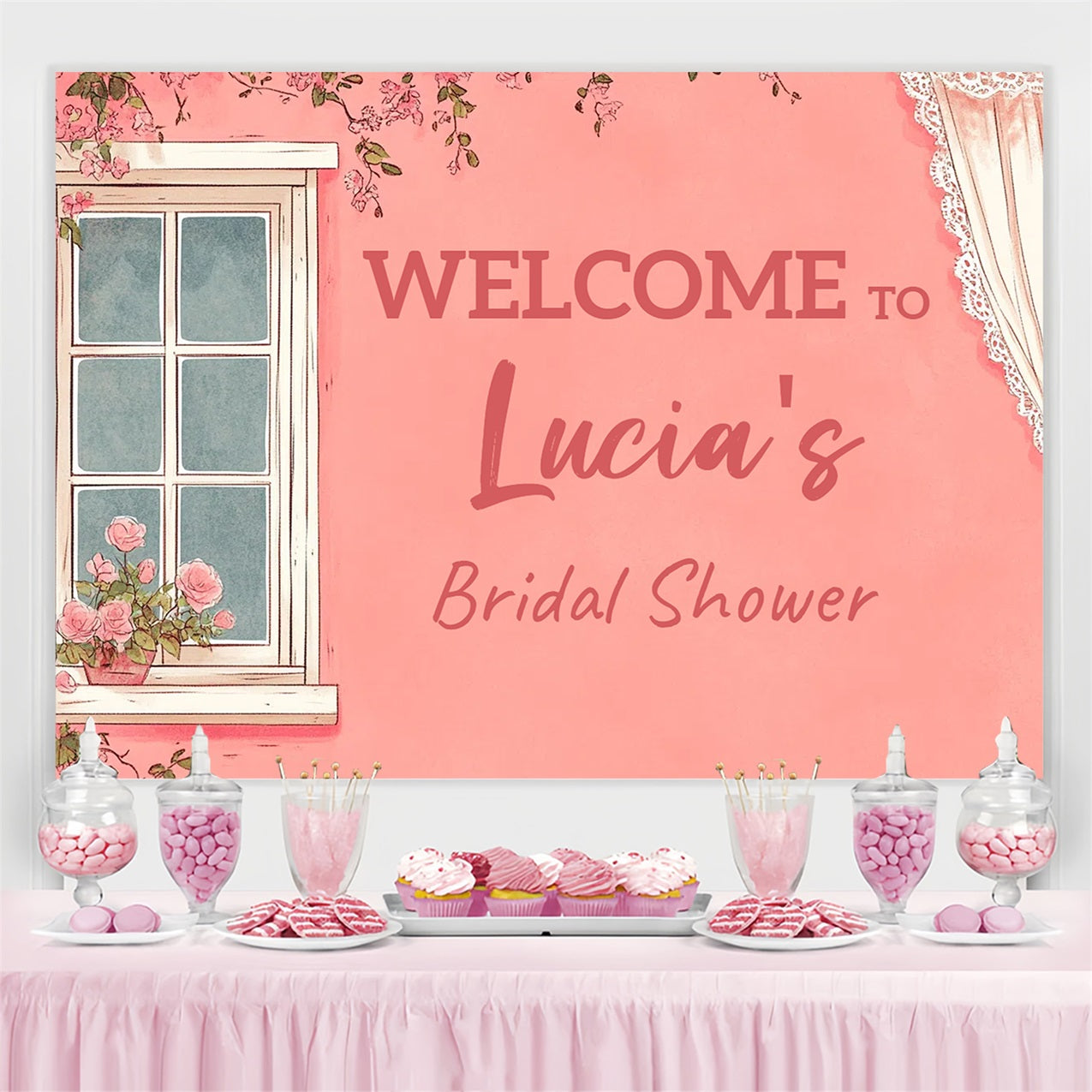 Toile de fond Bridal Shower Personnalisable Fenêtre Florale CSH3-282