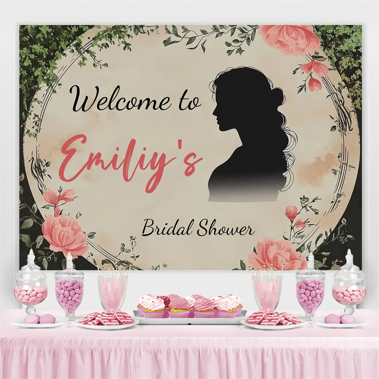 Toile de fond Bridal Shower Personnalisable Silhouette Rose Rose CSH3-283