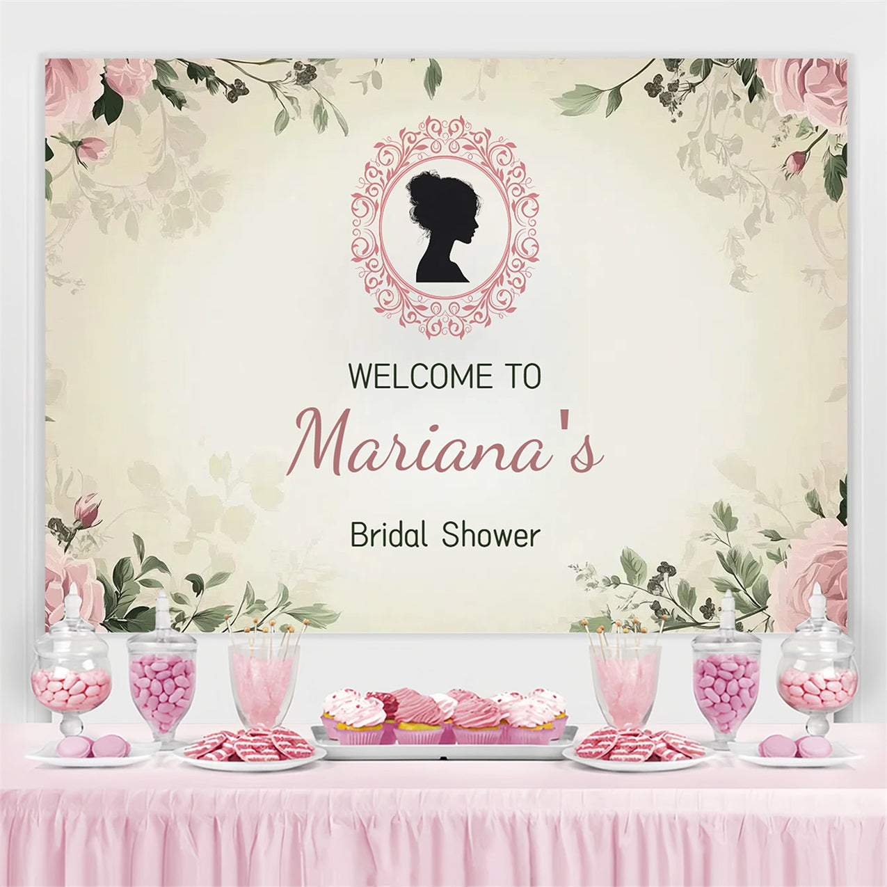 Toile de fond Bridal Shower Personnalisable Cadre Floral CSH3-284