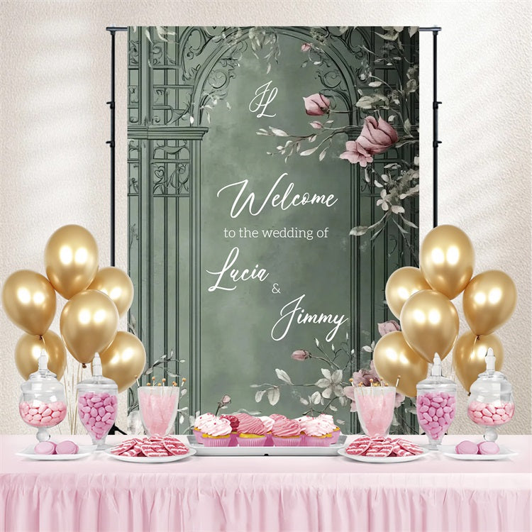 Toile de fond Mariage Personnalisable Arche Verte Florale Rustique CSH3-286
