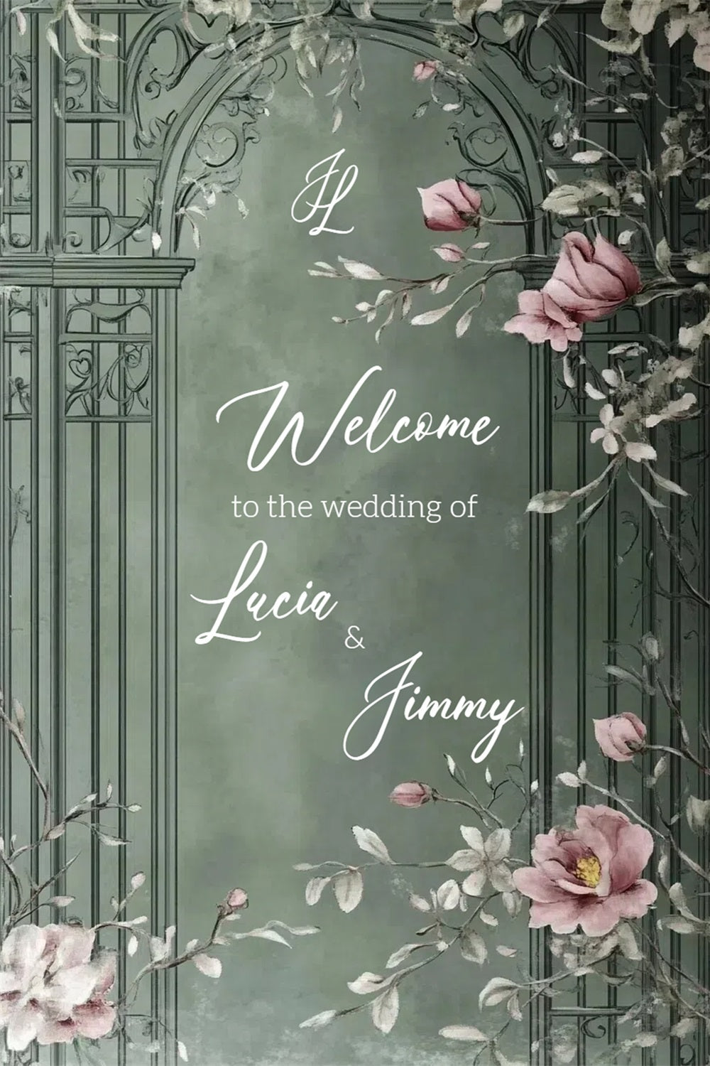 Toile de fond Mariage Personnalisable Arche Verte Florale Rustique CSH3-286