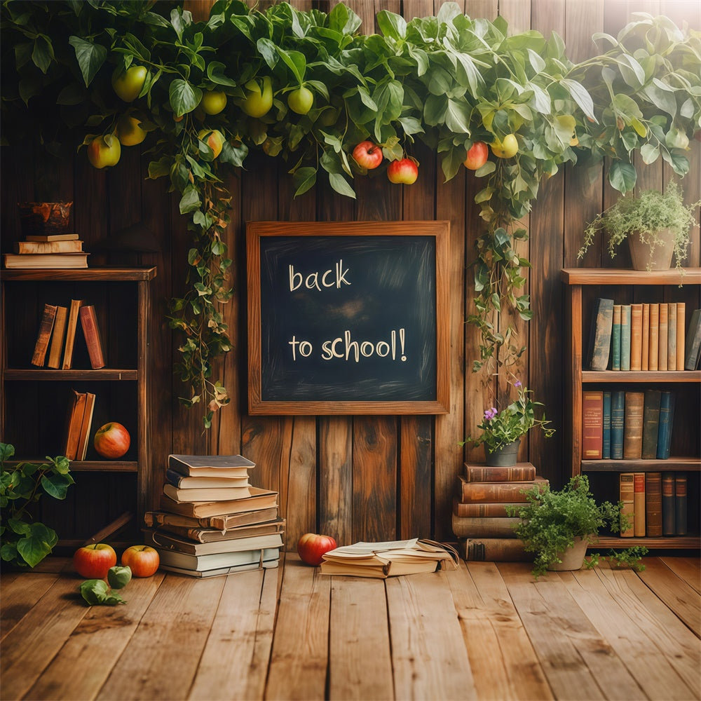 Toile de fond Rentrée Scolaire Bibliothèque en Bois et Pomme CSH3-9