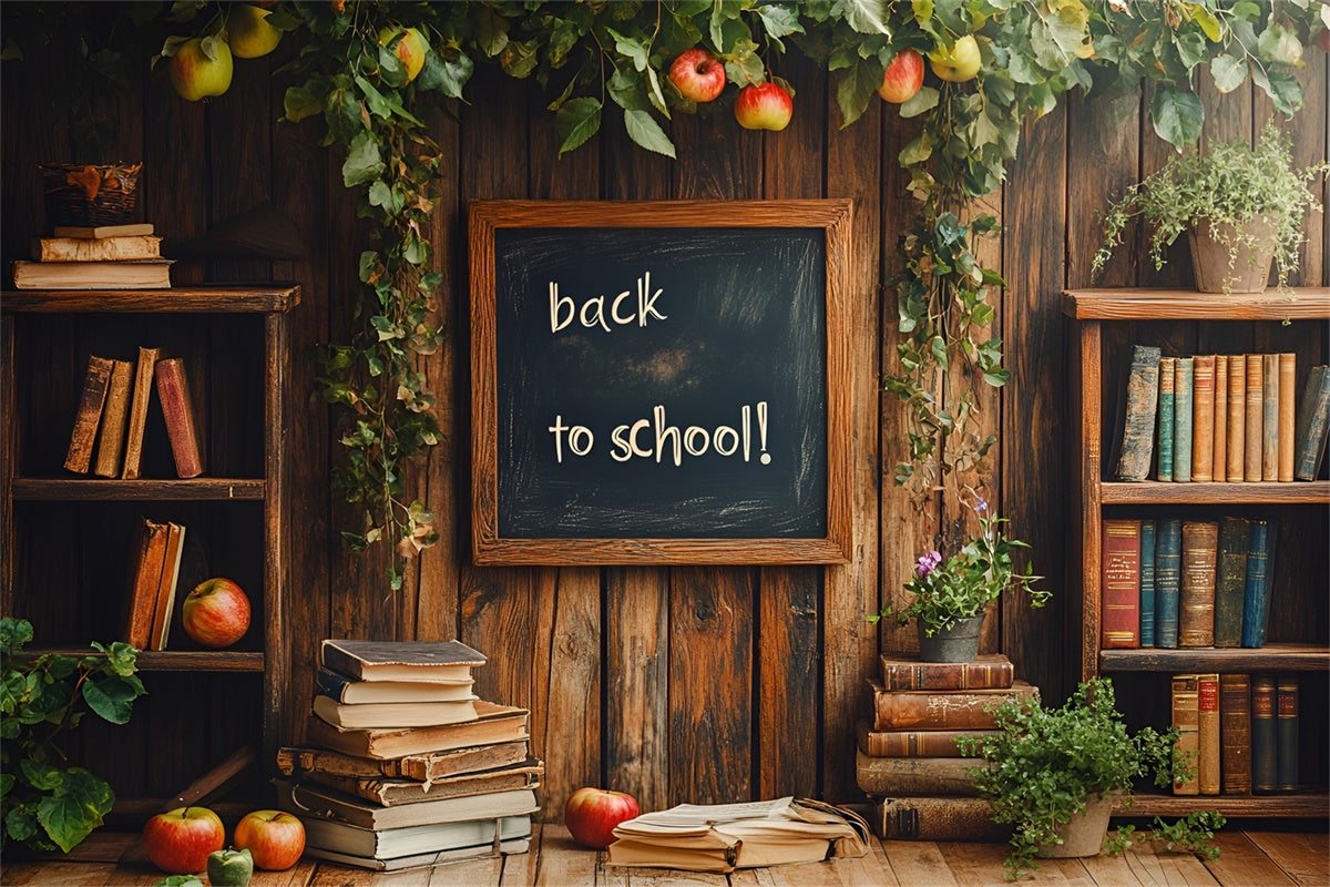 Toile de fond Rentrée Scolaire Bibliothèque en Bois et Pomme CSH3-9