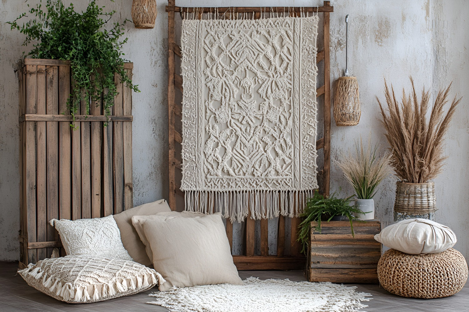 Toile de fond Bohème Idées Mur Macramé Cagettes Bois CSH4-135