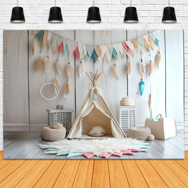 Toile de fond Bohème Guirlande Plumes Tente Enfant CSH4-144