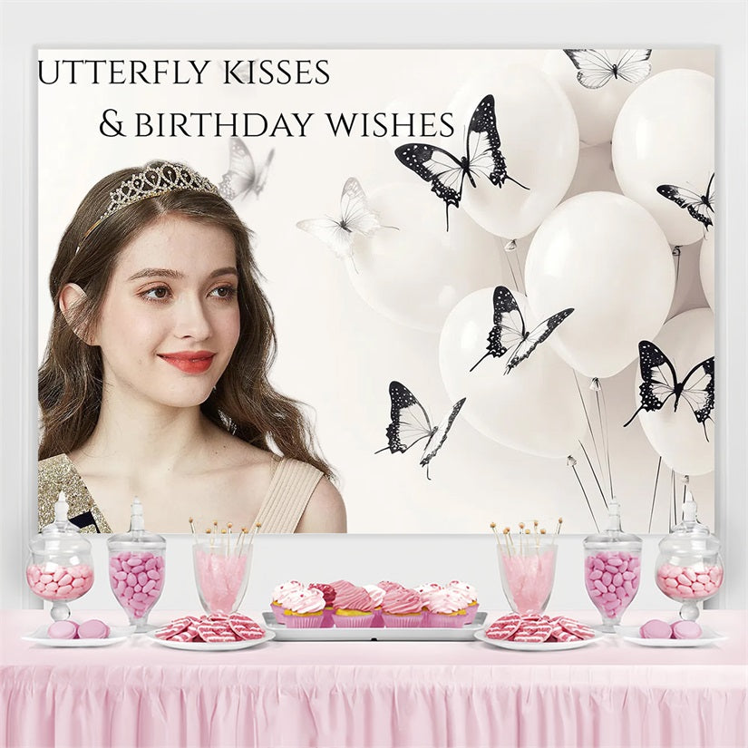 Toile de fond Anniversaire Personnalisée Papillons Ballons Blancs CSH4-17