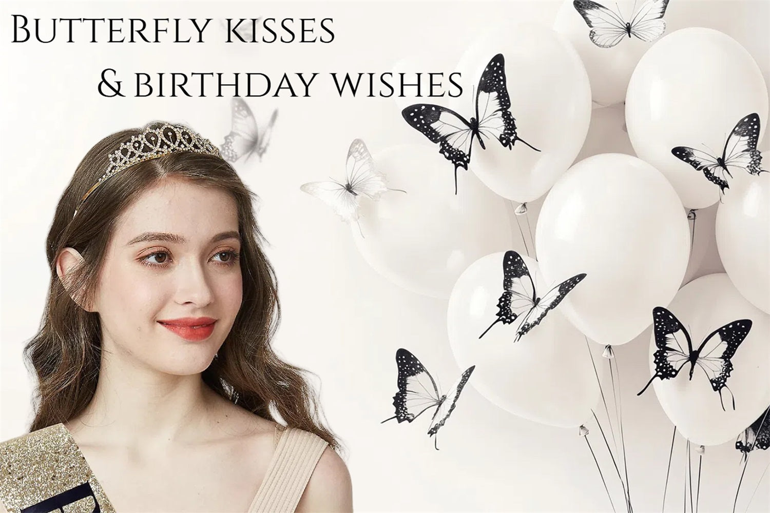 Toile de fond Anniversaire Personnalisée Papillons Ballons Blancs CSH4-17