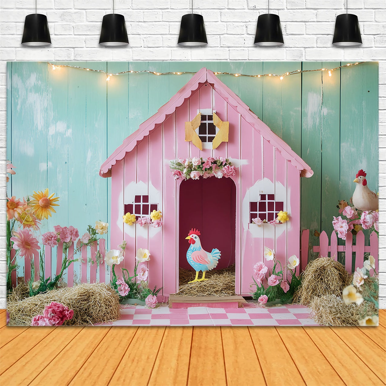 Toile de fond Grange Rose Poule Fleurs CSH4-204
