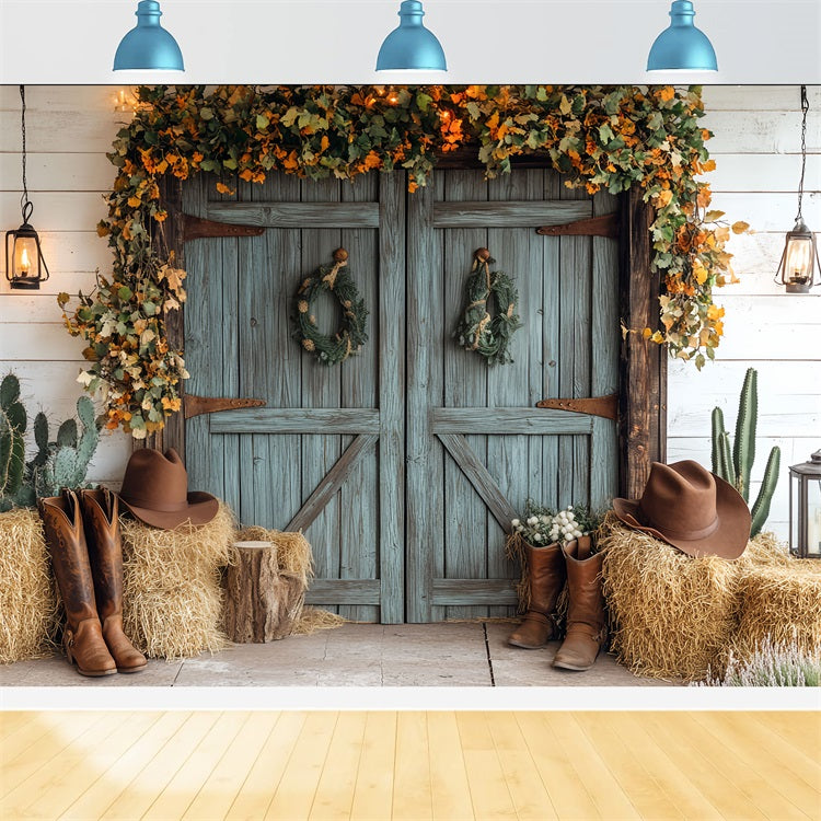 Toile de fond Porte de Grange Bleue Déco Cowboy CSH4-220