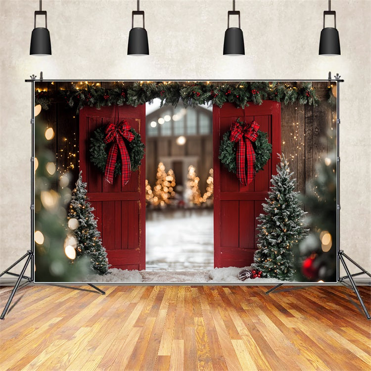 Toile de fond Grange Rouge Entrée Noël Nœud Couronne CSH4-223