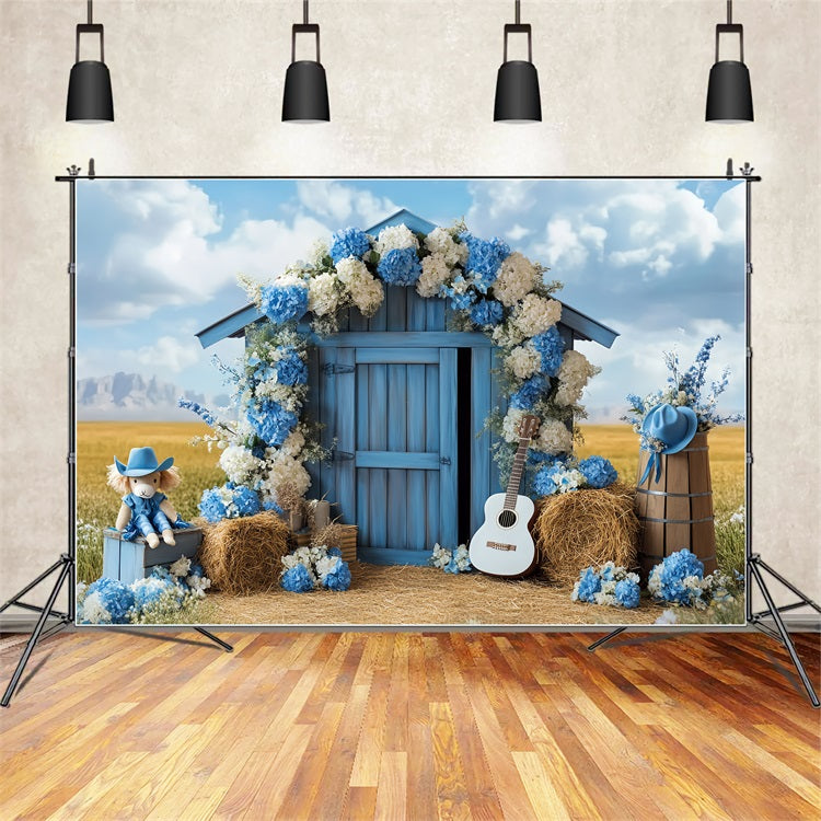 Toile de fond Grange Champ Fleuri Bleu CSH4-231
