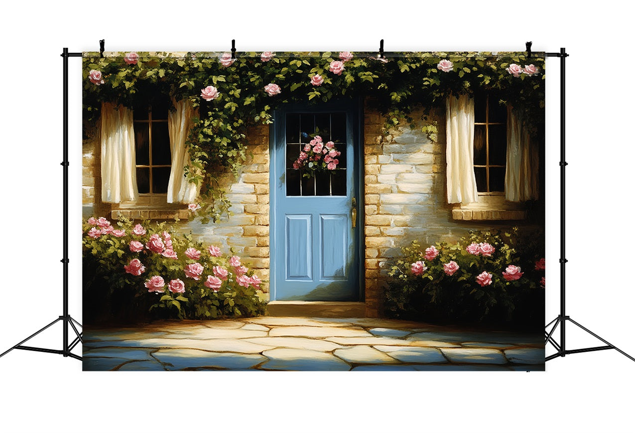 Toile de fond Photo Vintage Mur en Briques Roses Grimpantes CSH4-270