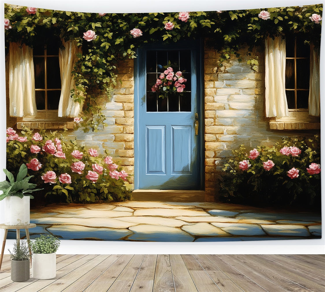 Toile de fond Photo Vintage Mur en Briques Roses Grimpantes CSH4-270
