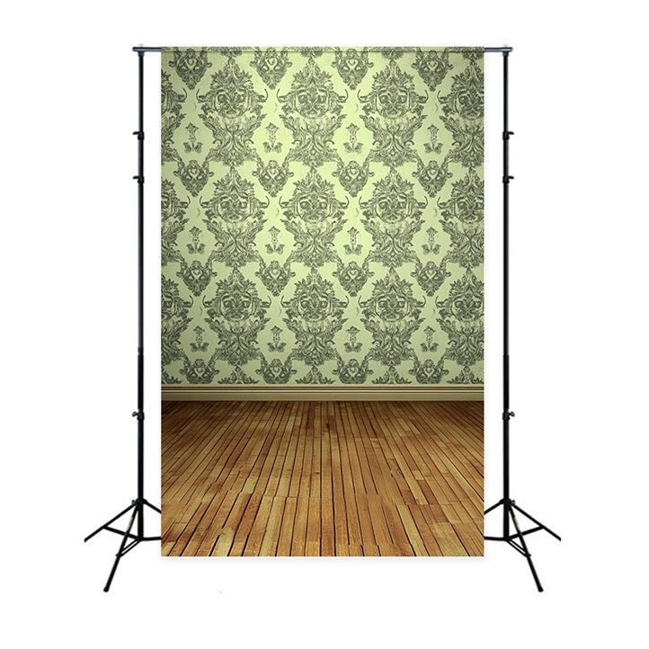 Toile de fond Victorienne Mur Damassé Vert Parquet en Bois Vintage CSH4-319