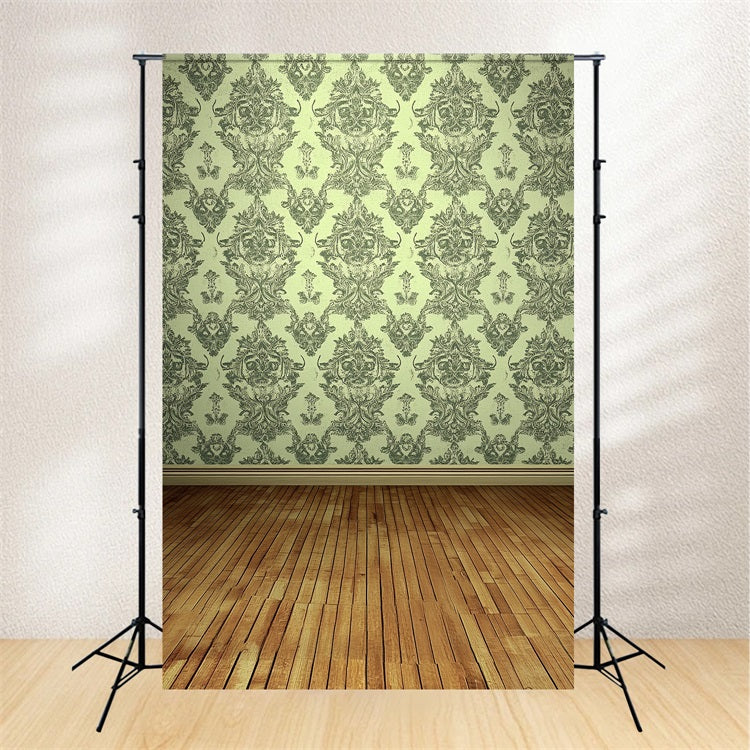 Toile de fond Victorienne Mur Damassé Vert Parquet en Bois Vintage CSH4-319