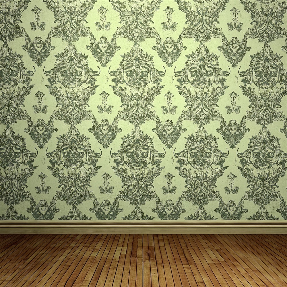 Toile de fond Victorienne Mur Damassé Vert Parquet en Bois Vintage CSH4-319