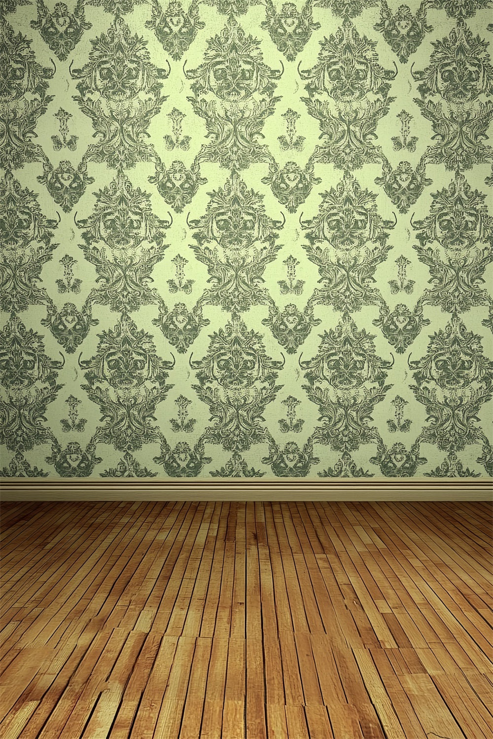 Toile de fond Victorienne Mur Damassé Vert Parquet en Bois Vintage CSH4-319