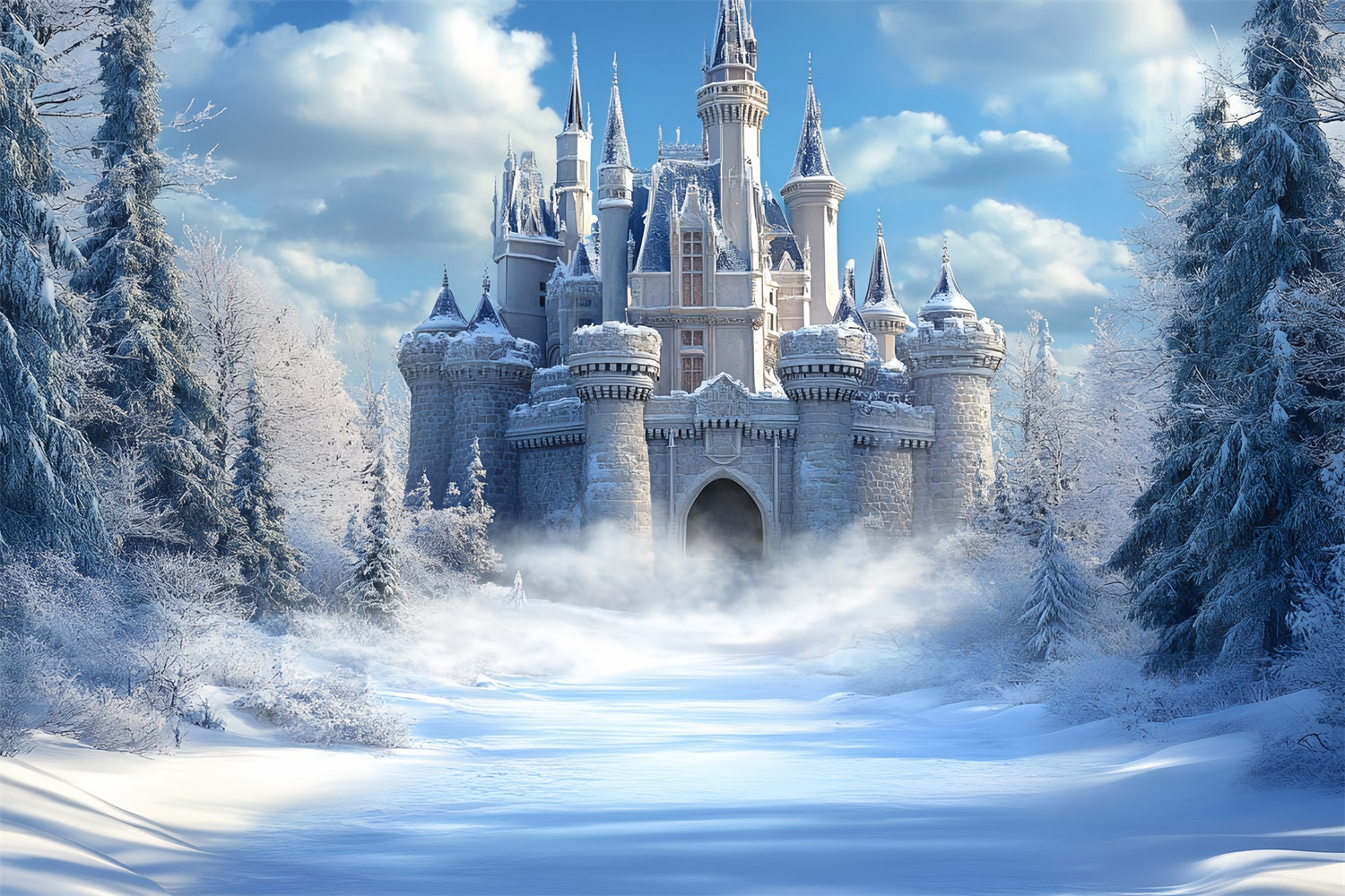 Toile de fond Château d’Hiver Royaume Gelé Ciel Lumineux CSH4-324