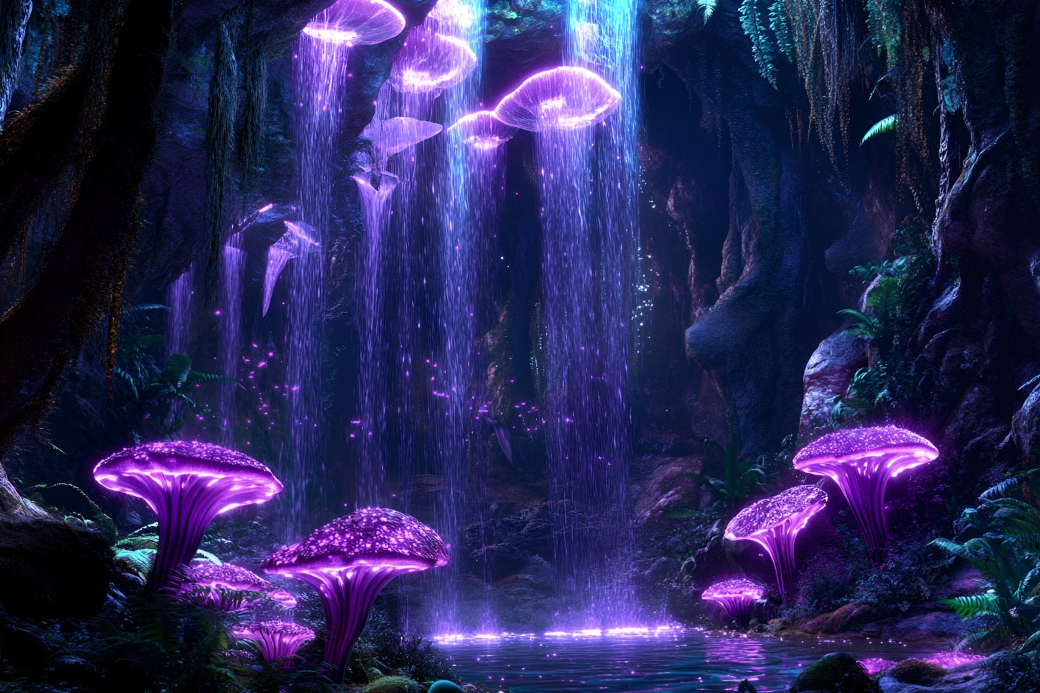 Toile de fond Forêt Grotte de Champignons Lumineux Cascade CSH4-76