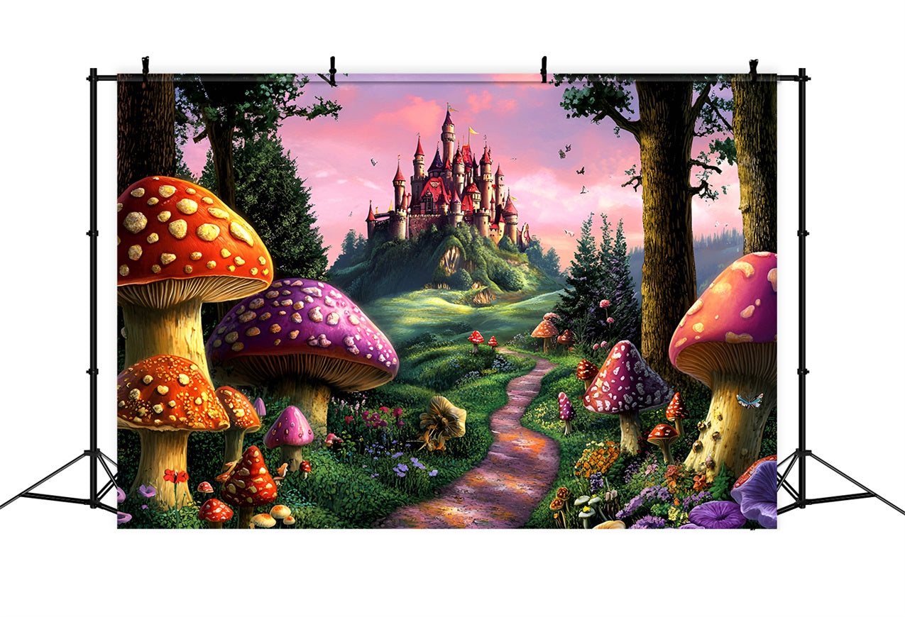 Toile de fond Forêt Fantaisie Sentier Champignons Château CSH4-78