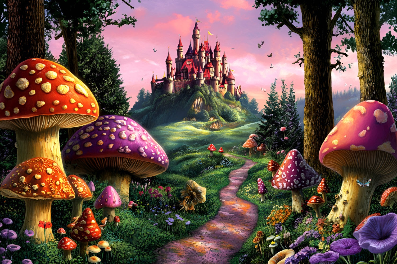 Toile de fond Forêt Fantaisie Sentier Champignons Château CSH4-78