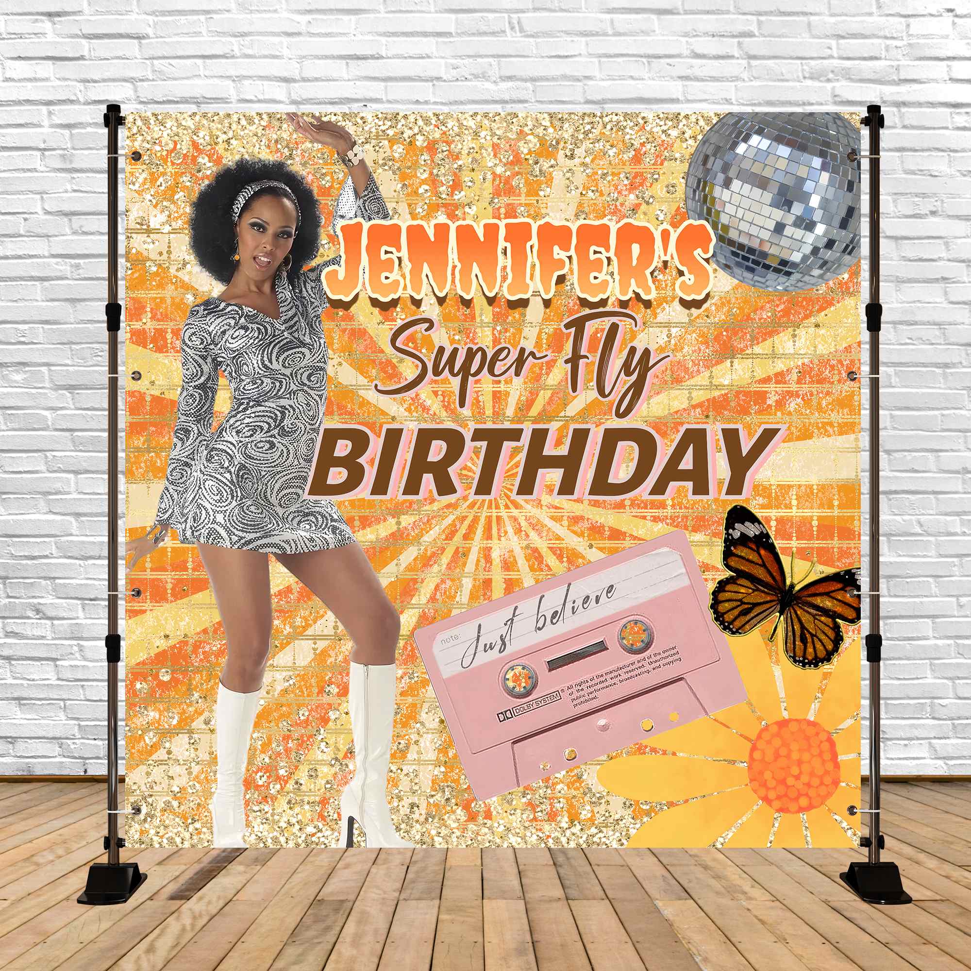 Toile de fond Anniversaire Personnalisée Paillettes Funky Années 70 CSH5-1