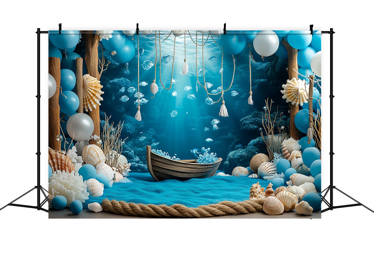 Toile de fond Sous-Marine Corail Bleu Barque Bois Été CSH5-105