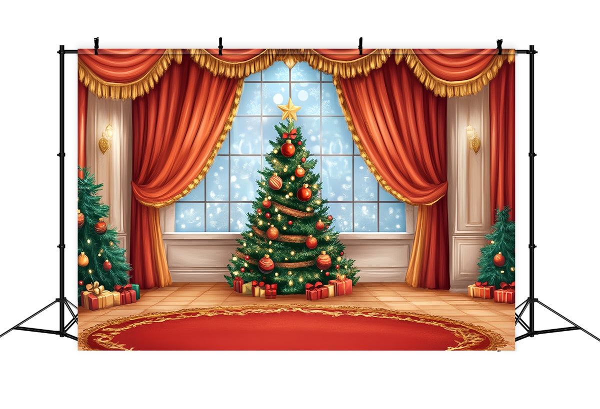 Toile de fond Scène de Noël Fenêtre Festive Rideau Rouge CSH5-154