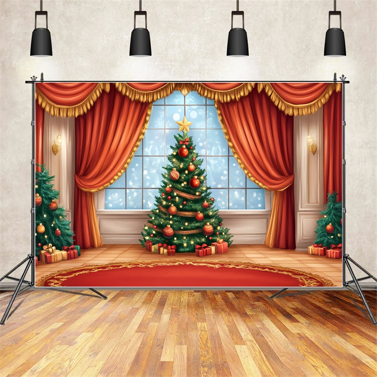 Toile de fond Scène de Noël Fenêtre Festive Rideau Rouge CSH5-154