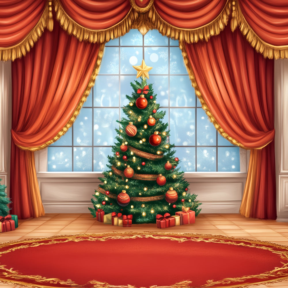 Toile de fond Scène de Noël Fenêtre Festive Rideau Rouge CSH5-154