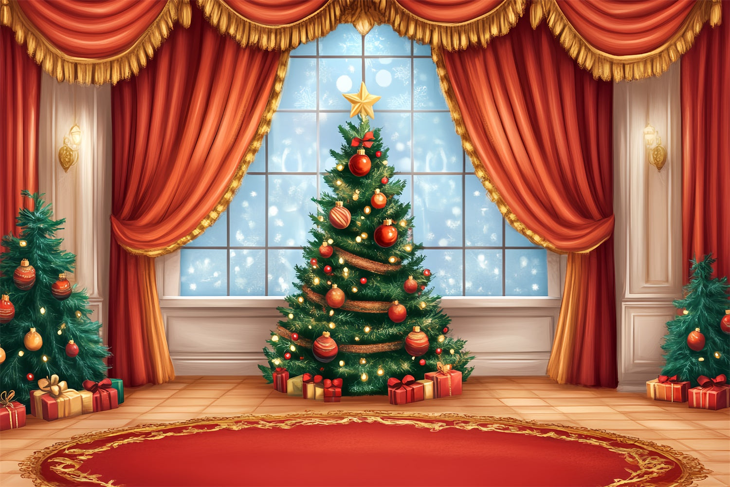 Toile de fond Scène de Noël Fenêtre Festive Rideau Rouge CSH5-154