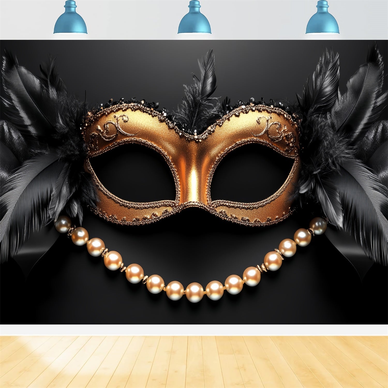 Toile de fond Mascarade Masque Noir Plumes Perles Dorées CSH5-230