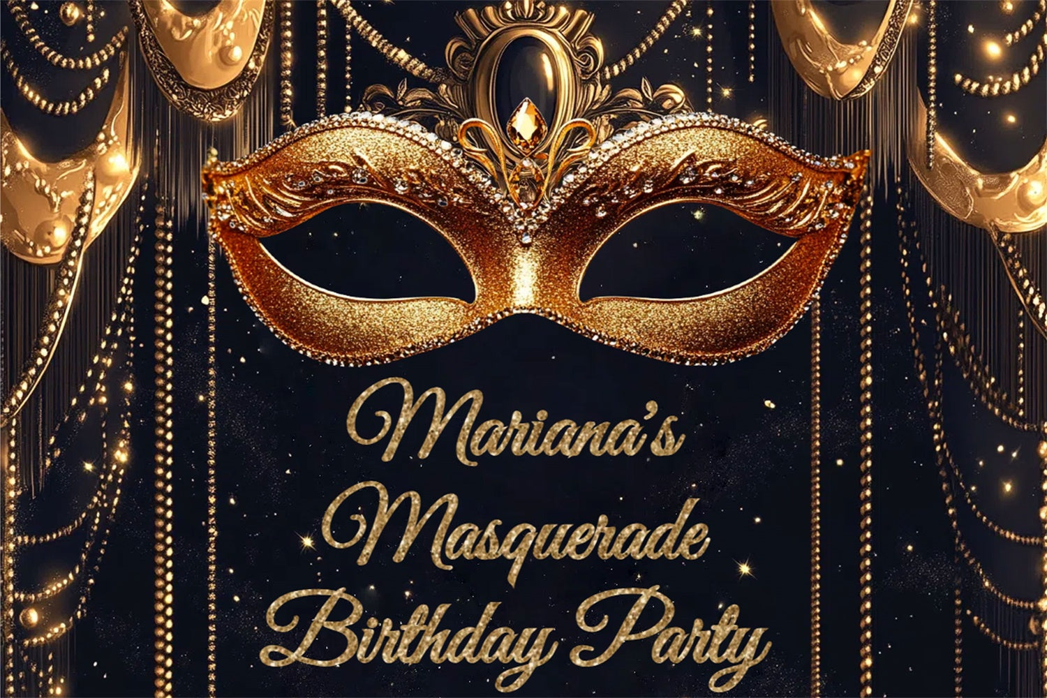 Toile de fond Mascarade Masque Doré Étincelant Anniversaire Personnalisé CSH5-255
