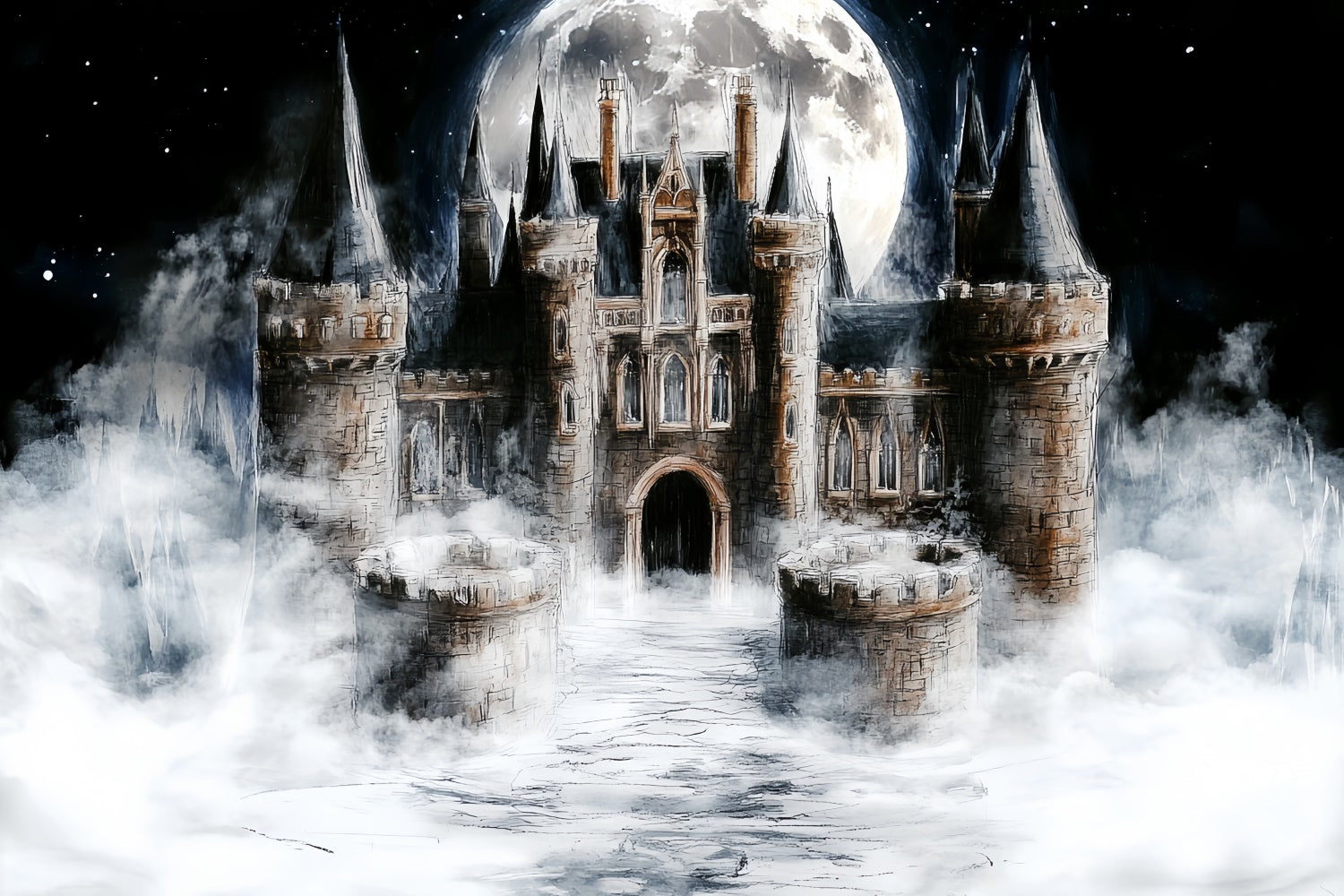 Toile de fond Château Château Brume Lune Enfants CSH5-309