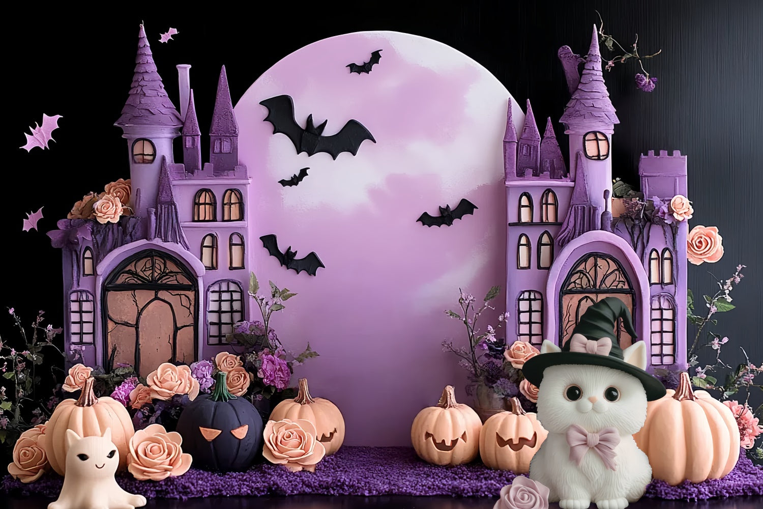 Toile de fond Halloween Château Fleurs Chauves-souris Enfants CSH5-316