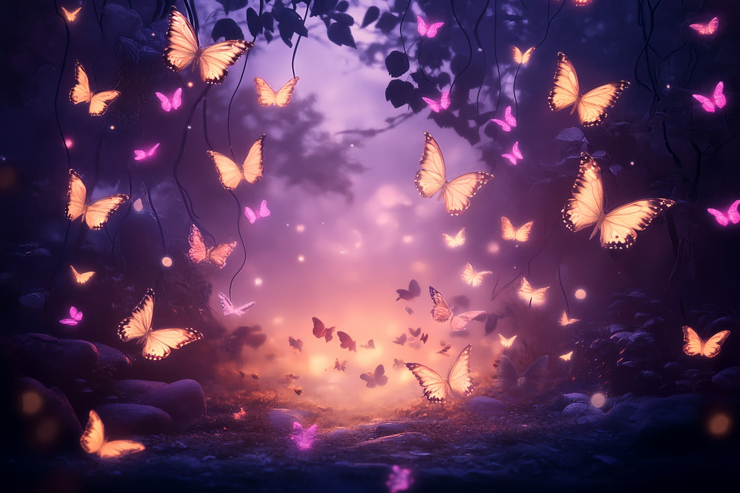 Toile de fond Été Crépuscule Magique Forêt Papillons CSH5-74