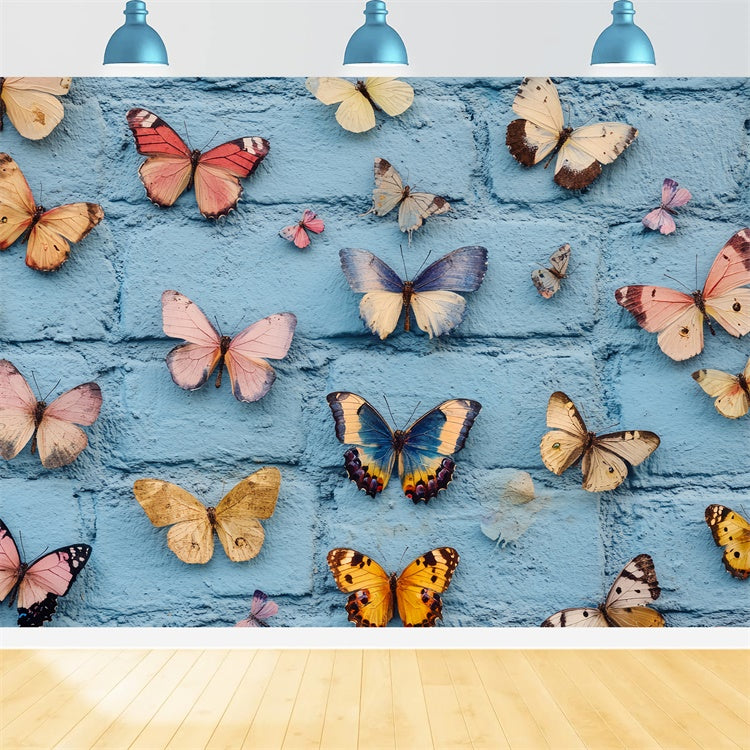 Toile de fond Été Mur Brique Bleu Vintage Papillons CSH5-78