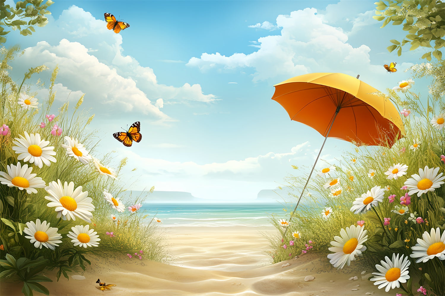 Toile de fond de Plage Été Plage Fleurie Ciel Lumineux CSH5-81