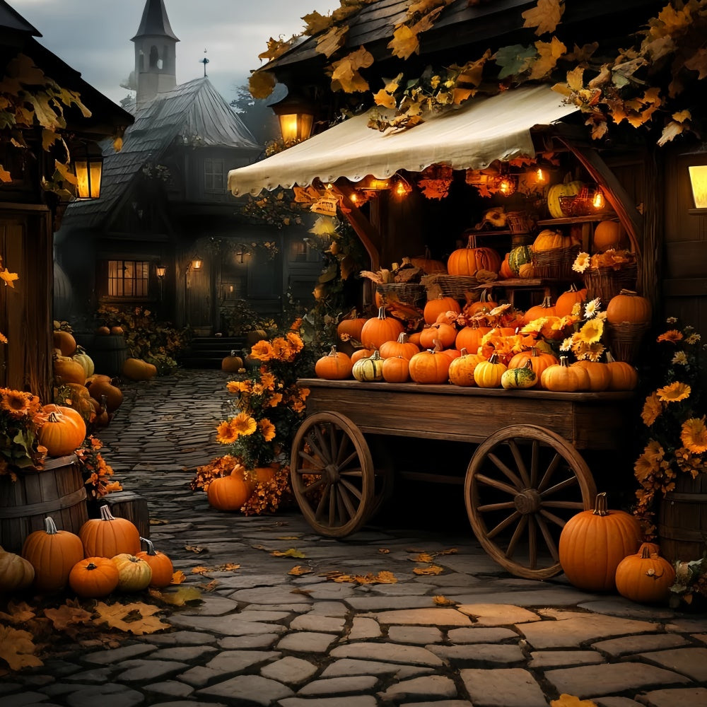 Toile de fond Deco Automne Chariot Citrouilles Village Lueur CSH57-196