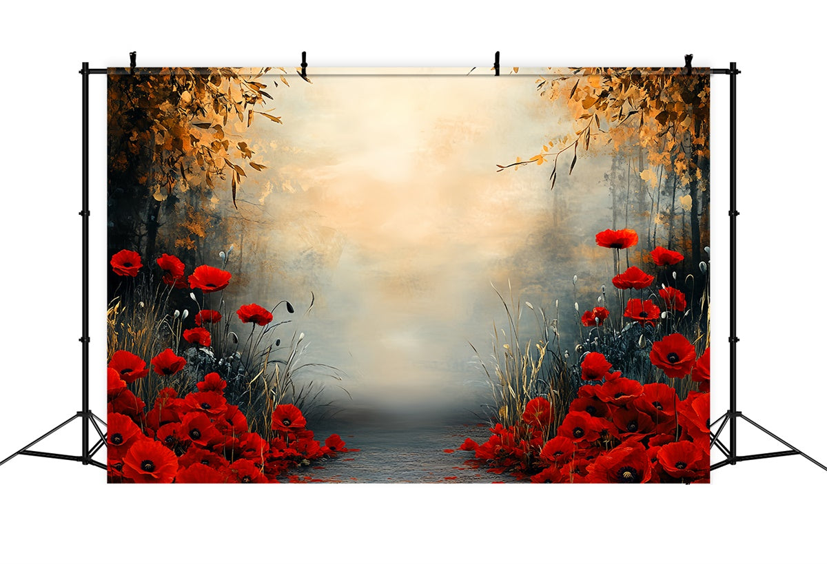 Toile de fond Photo Automne Chemin Fleurs Rouges CSH57-199