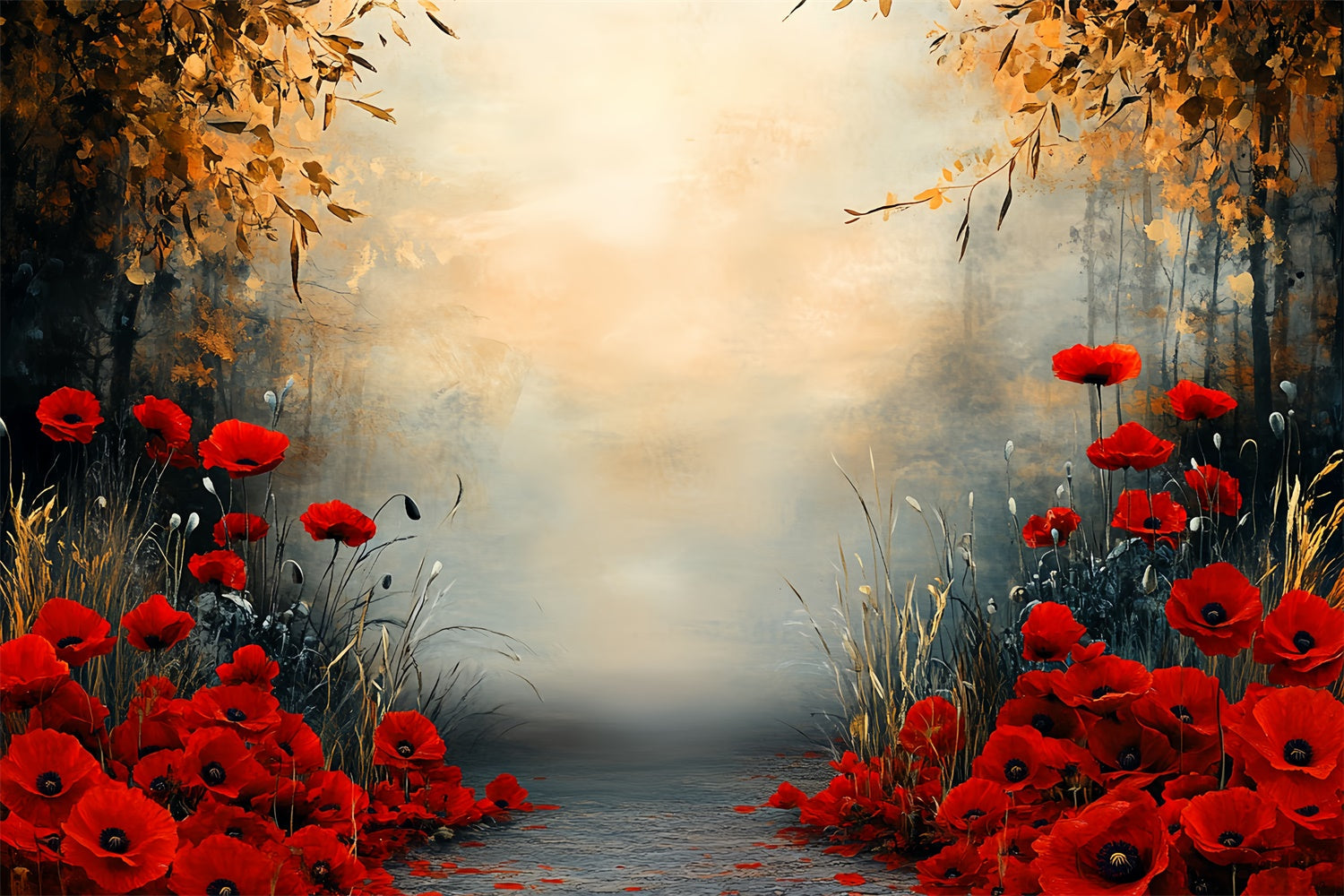 Toile de fond Photo Automne Chemin Fleurs Rouges CSH57-199