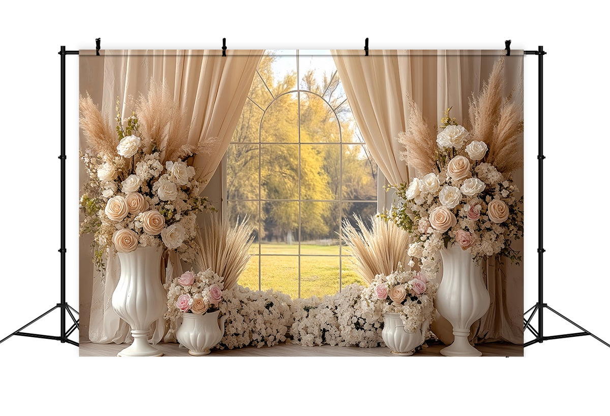 Toile de fond photo bohème Jardin Fenêtre Rose Crème CSH57-294