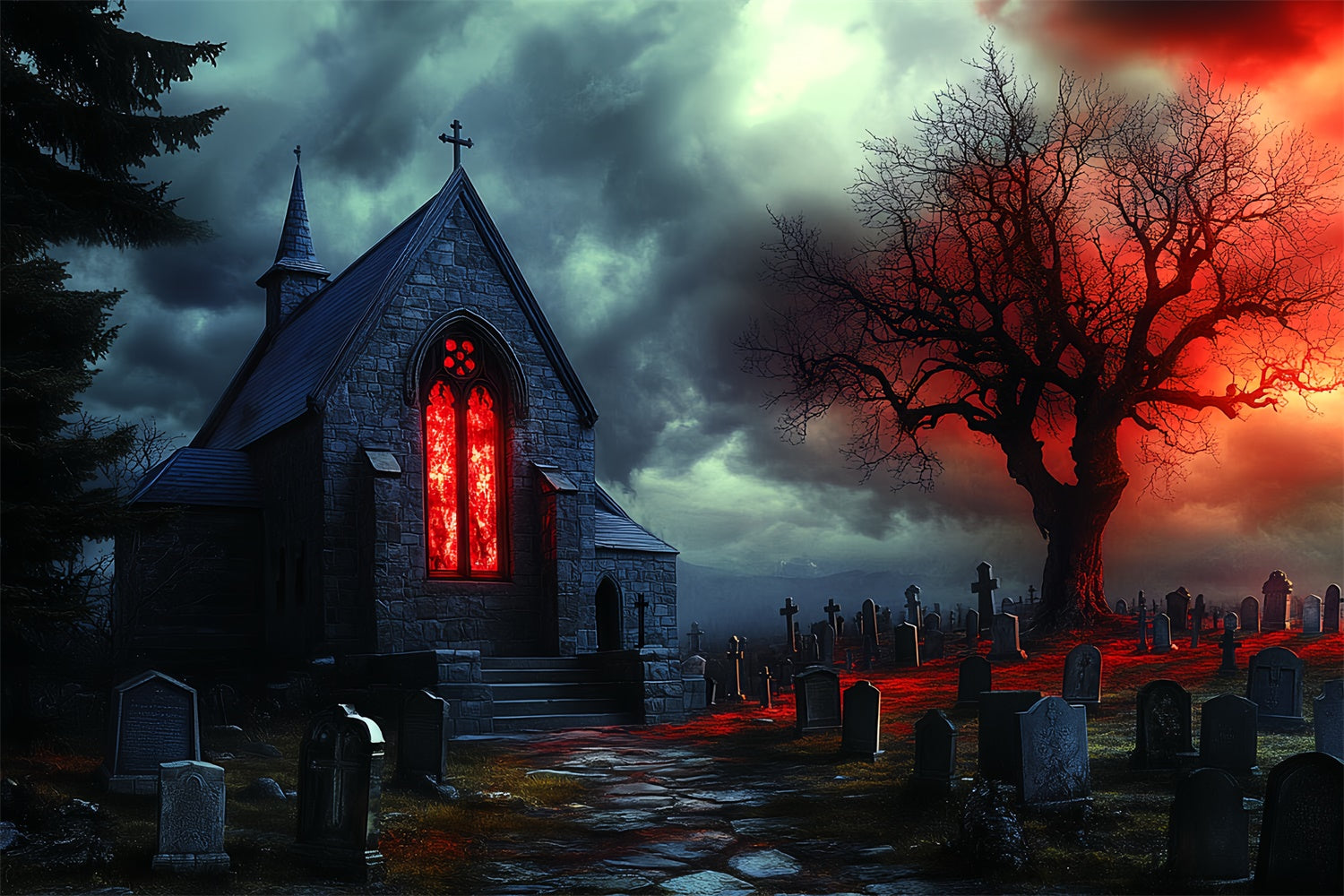 Toile de fond Halloween Chapelle Maudite Tombes CSH57-62