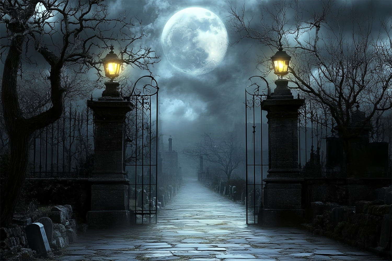Toile de fond Photo Halloween Portail Cimetière Clair Lune CSH57-63