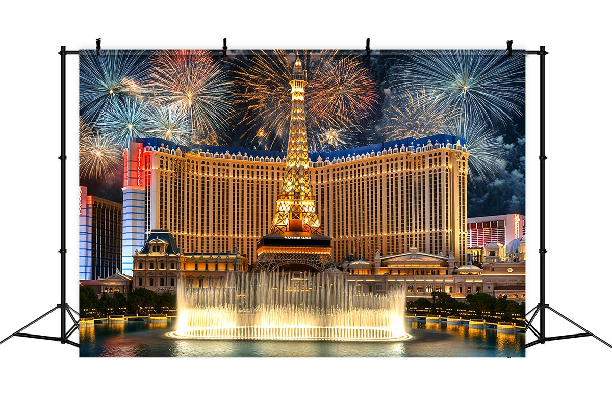 Toile de fond Photo Las Vegas Hôtel Paris Fontaine de Luxe Feux d’Artifice Étincelants CSH58-10