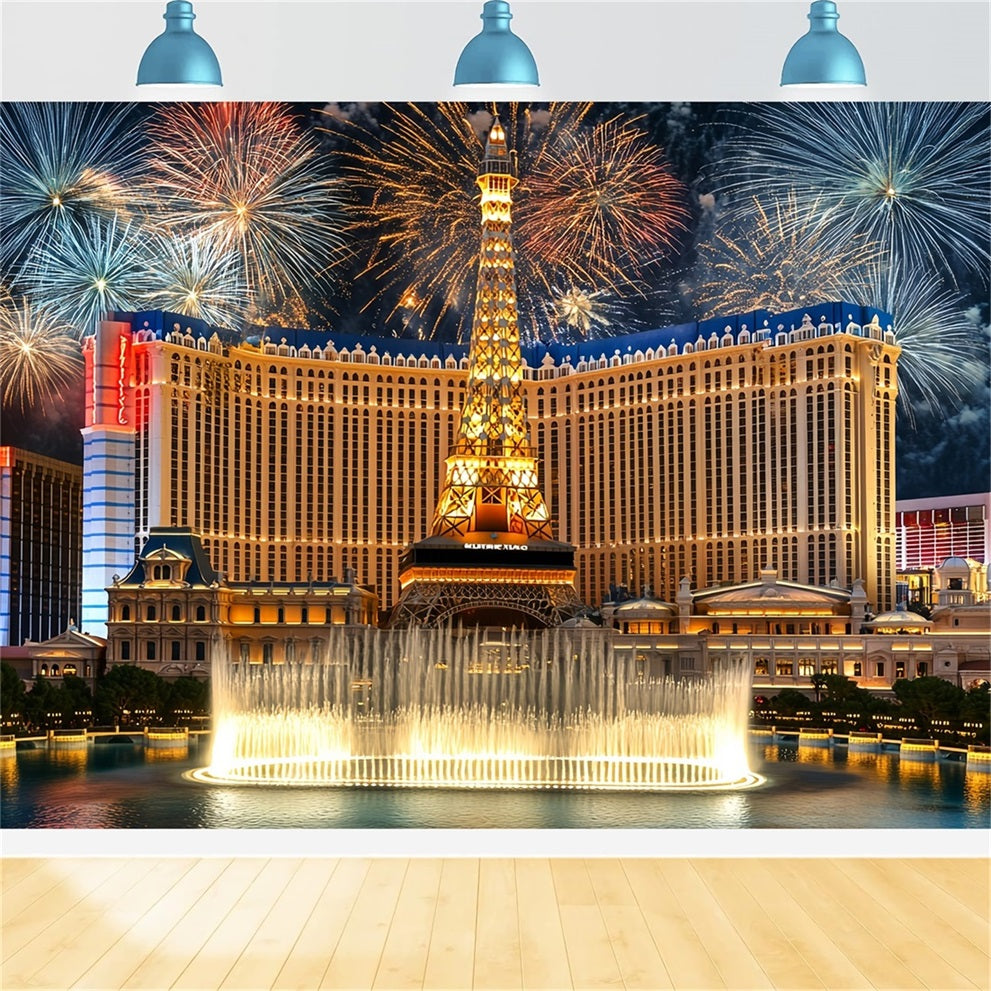 Toile de fond Photo Las Vegas Hôtel Paris Fontaine de Luxe Feux d’Artifice Étincelants CSH58-10